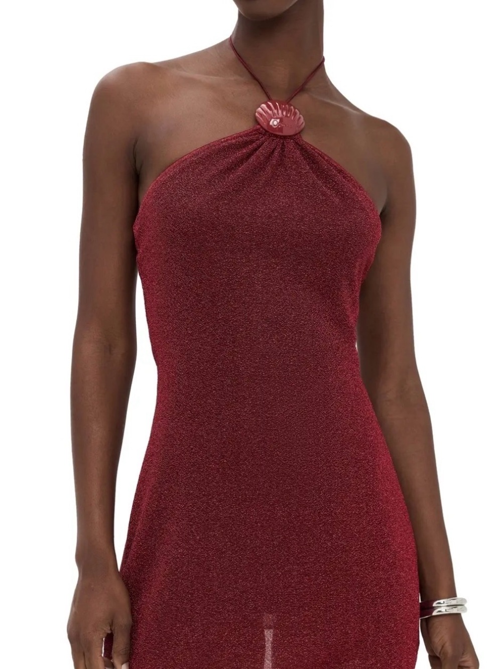Oseree Burgundy Halter Backless Dress with Shell Accent